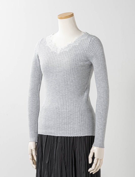 レースネックリブニット