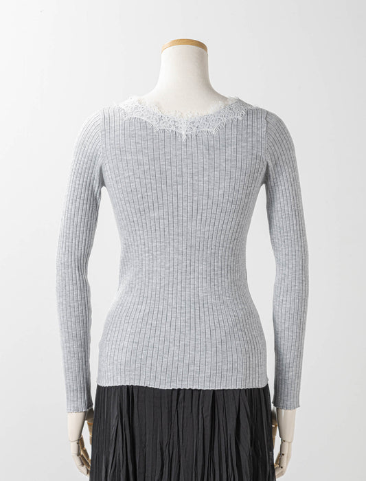 レースネックリブニット