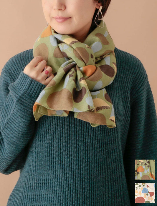 ウールコットンキノコ柄プリントショール