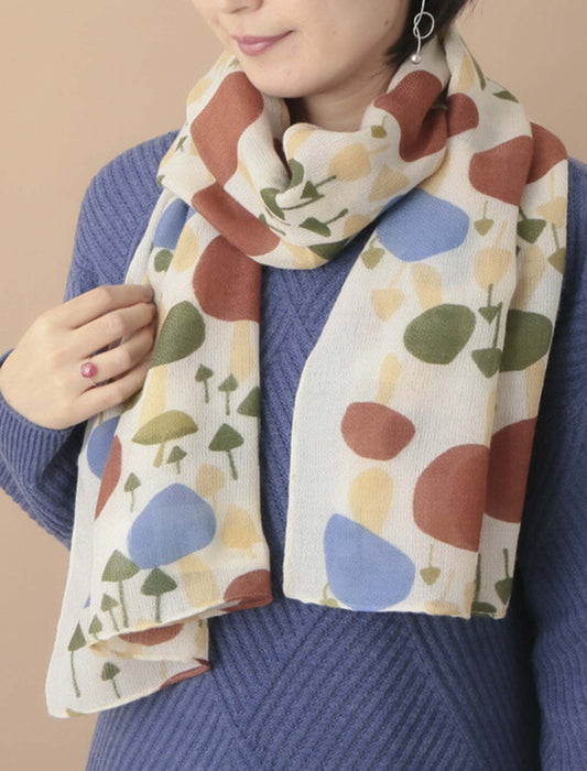 ウールコットンキノコ柄プリントショール