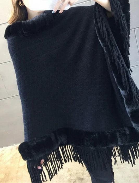 【近日入荷】フリンジ付きあったかおしゃれマント※ブラックは2月中旬入荷予定