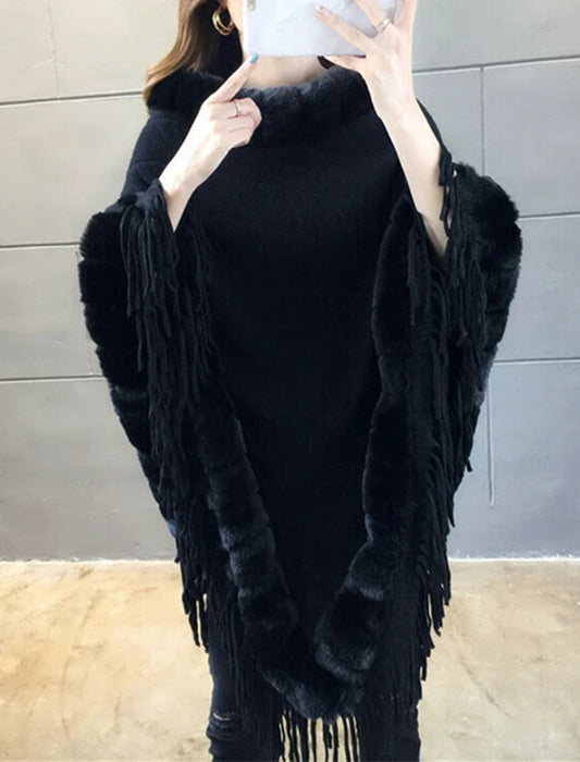 【近日入荷】フリンジ付きあったかおしゃれマント※ブラックは2月中旬入荷予定