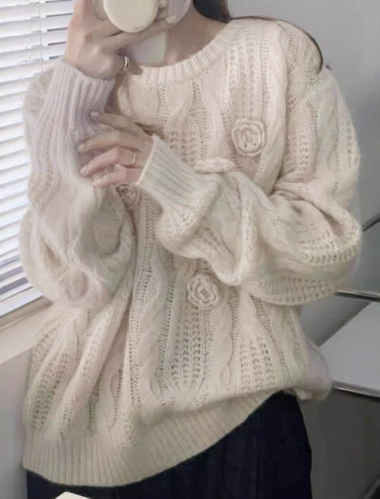 【近日入荷】立体編みデザイン ニットプルオーバー　※イエローは2月上旬入荷