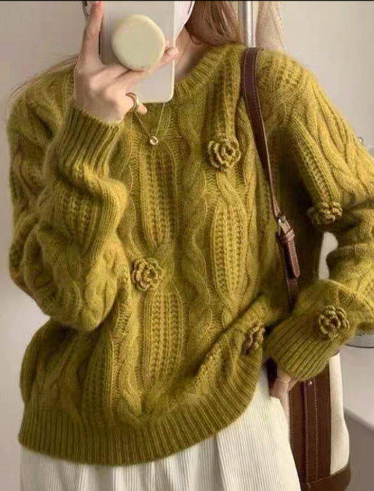 【近日入荷】立体編みデザイン ニットプルオーバー　※イエローは2月上旬入荷