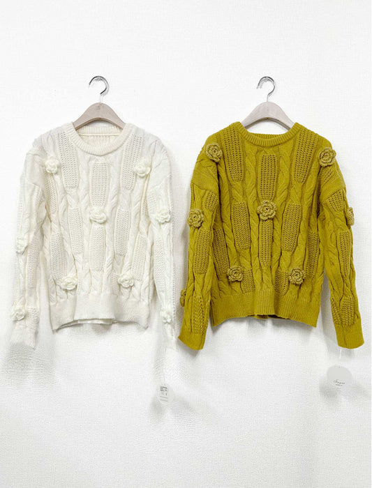 【近日入荷】立体編みデザイン ニットプルオーバー　※イエローは2月上旬入荷