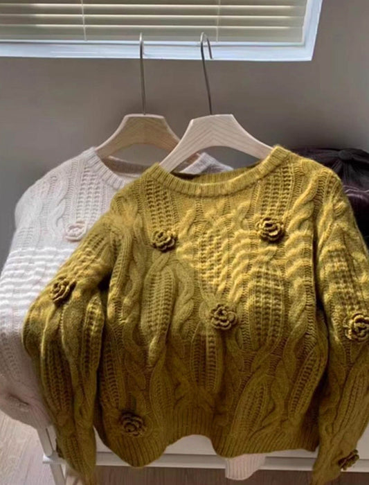 【近日入荷】立体編みデザイン ニットプルオーバー　※イエローは2月上旬入荷