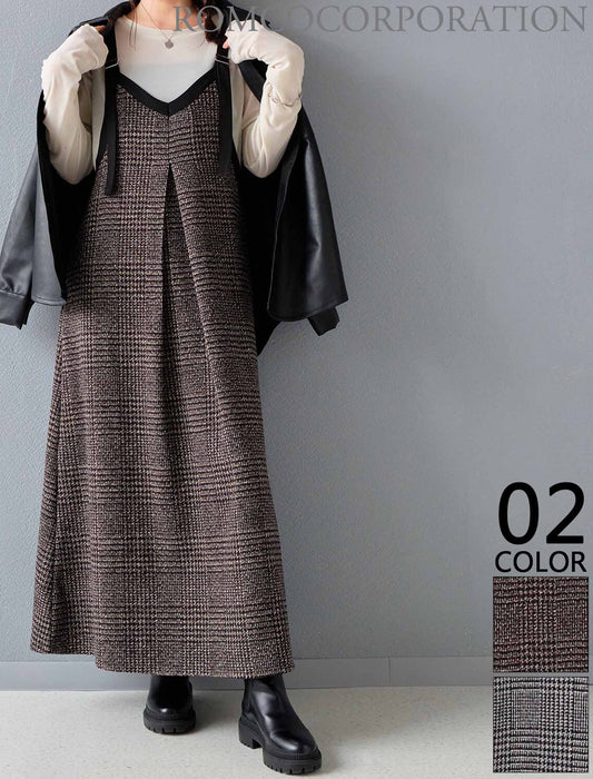 グレンチェック柄2WAYストリング配色ロングワンピース