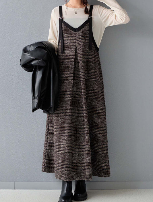グレンチェック柄2WAYストリング配色ロングワンピース