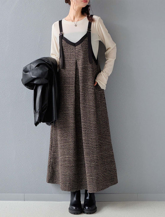 グレンチェック柄2WAYストリング配色ロングワンピース