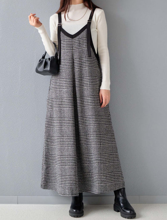 グレンチェック柄2WAYストリング配色ロングワンピース
