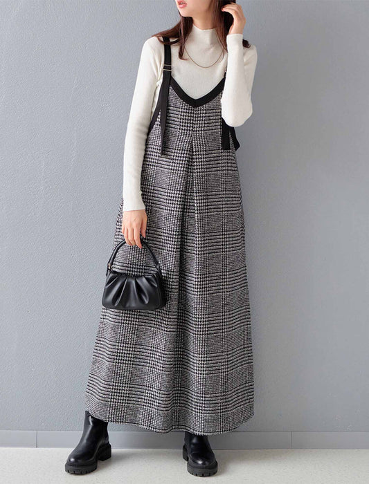 グレンチェック柄2WAYストリング配色ロングワンピース