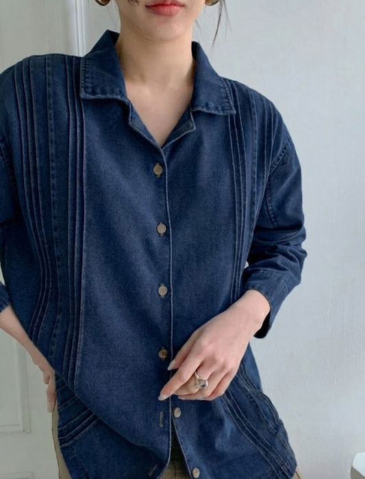 フロントピンタック・デザイニングデニムシャツ