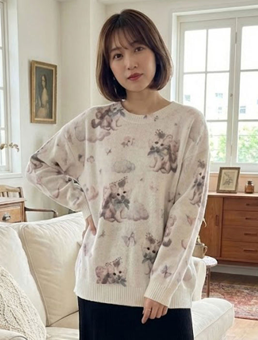 ねこモチーフ ニットプルオーバー