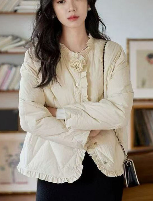 フラワーモチーフ付フリルヘムキルティングショートブルゾン