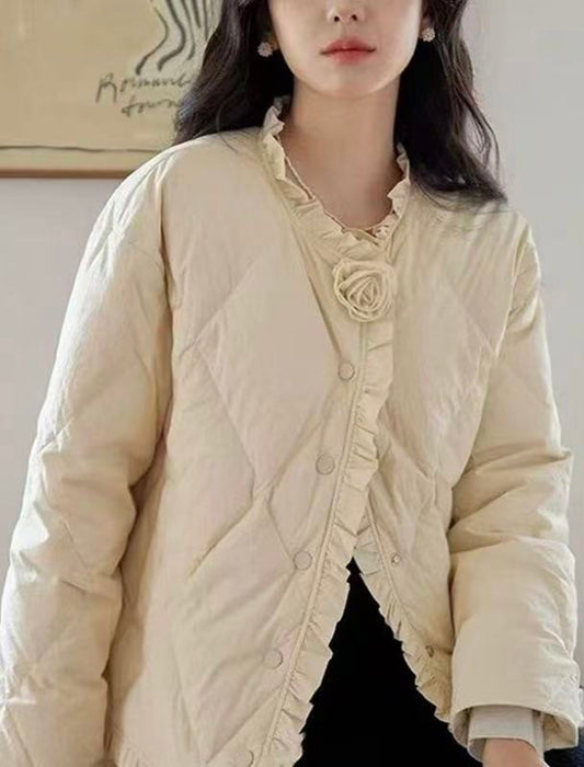 フラワーモチーフ付フリルヘムキルティングショートブルゾン