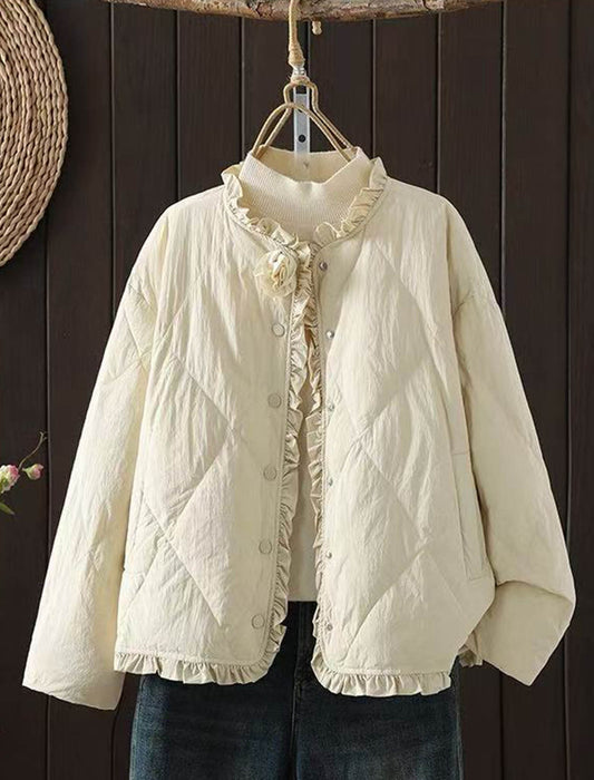 フラワーモチーフ付フリルヘムキルティングショートブルゾン