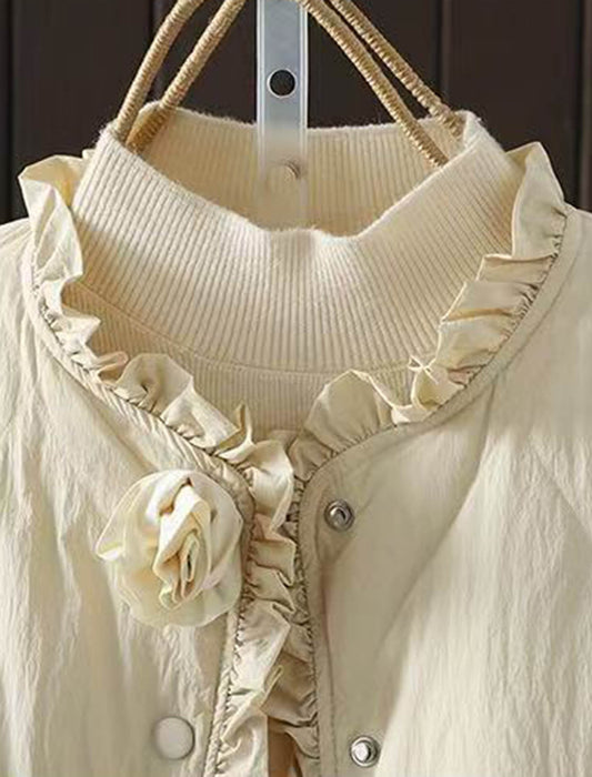 フラワーモチーフ付フリルヘムキルティングショートブルゾン