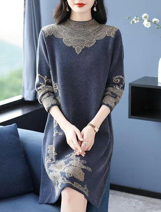 エレガント刺繍ニットチュニックワンピ