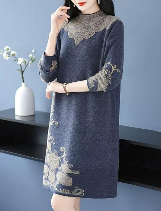 エレガント刺繍ニットチュニックワンピ