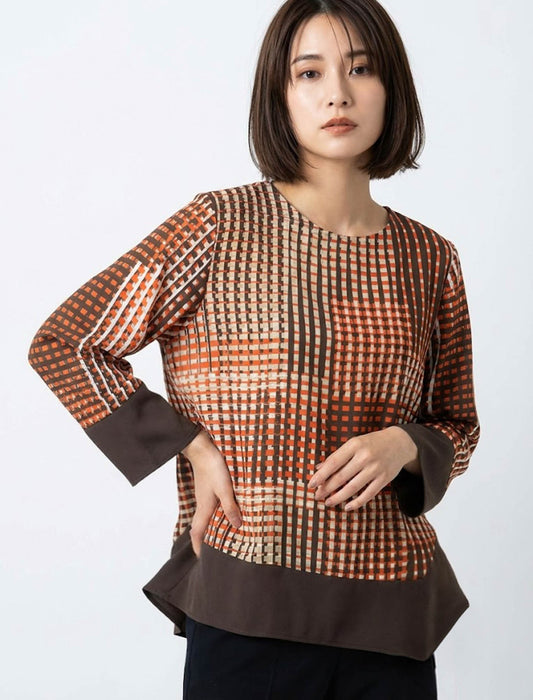 バイカラー裾切り替え・モダンチェックブラウス