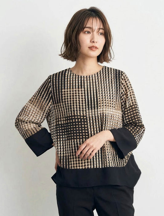 バイカラー裾切り替え・モダンチェックブラウス