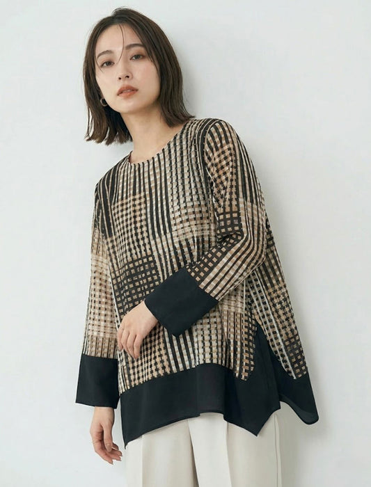 バイカラー裾切り替え・モダンチェックブラウス