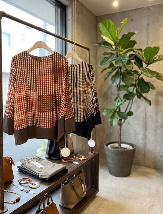 バイカラー裾切り替え・モダンチェックブラウス