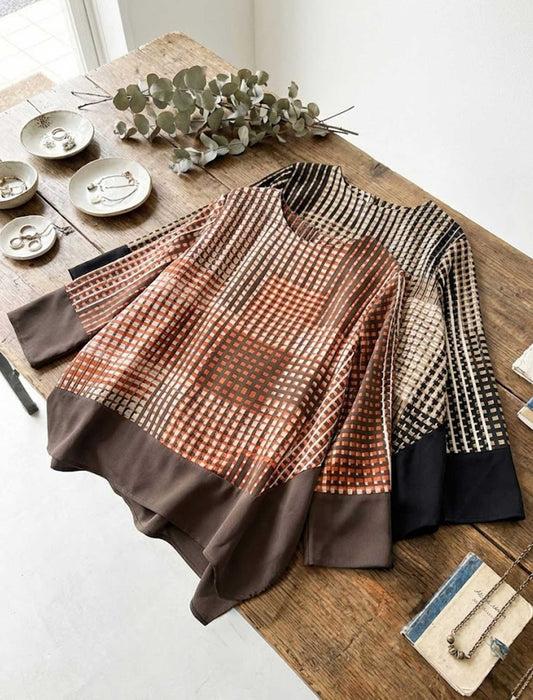 バイカラー裾切り替え・モダンチェックブラウス