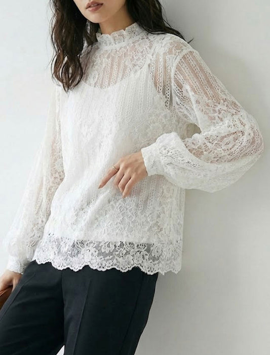 ハイネック・エレガントレースブラウス