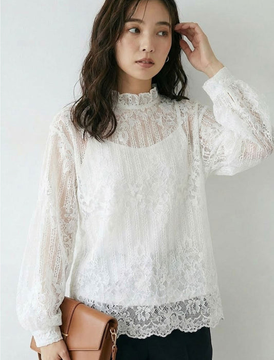 ハイネック・エレガントレースブラウス