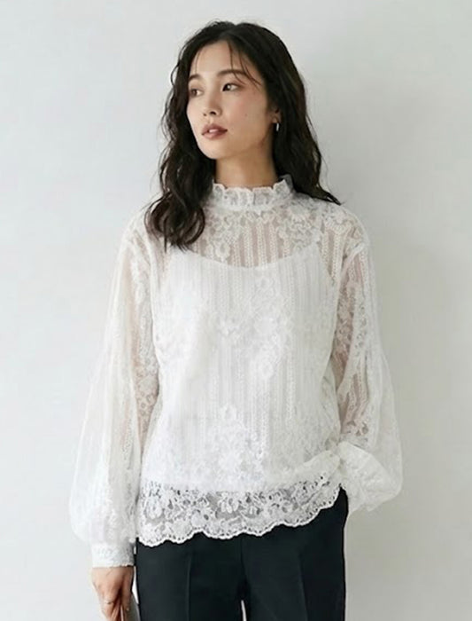 ハイネック・エレガントレースブラウス