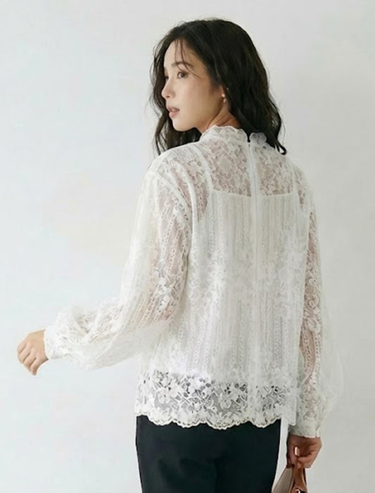 ハイネック・エレガントレースブラウス