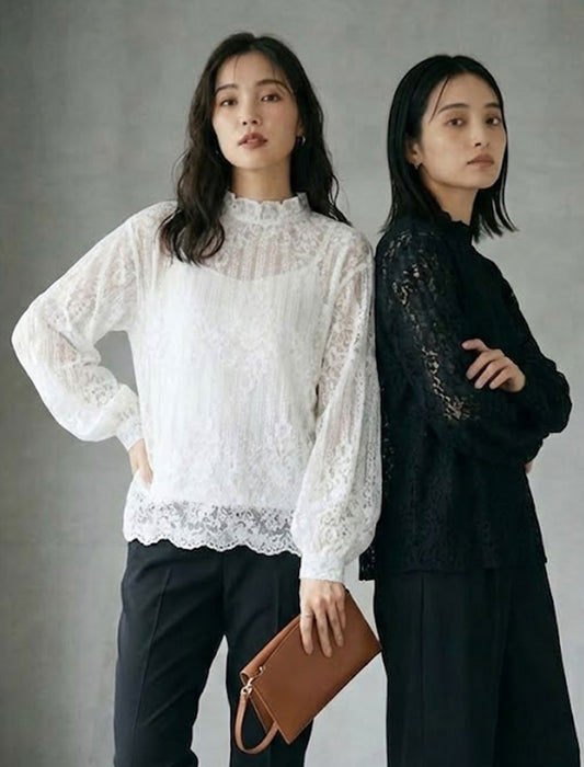 ハイネック・エレガントレースブラウス