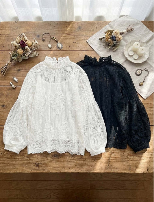 ハイネック・エレガントレースブラウス