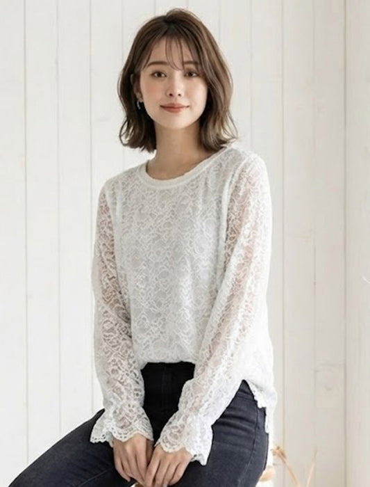 スカラップヘム・総レースプルオーバー