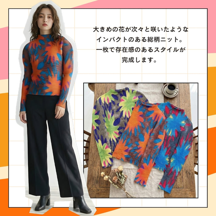 ニュアンスフラワー・細プリーツハイネックトップス