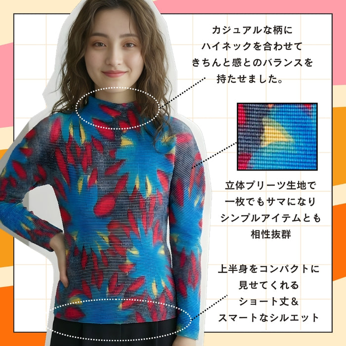 ニュアンスフラワー・細プリーツハイネックトップス