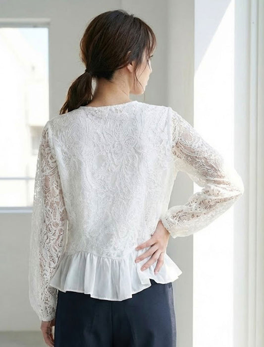 ペプラムフリル・総レースフロントボタンブラウス