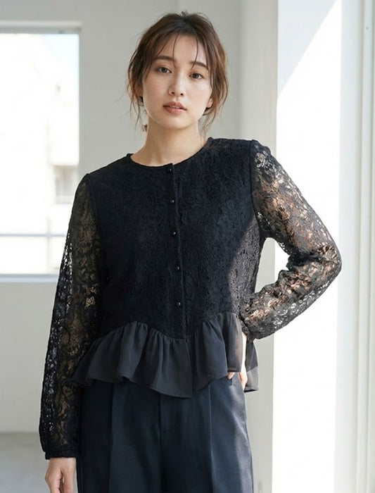 ペプラムフリル・総レースフロントボタンブラウス
