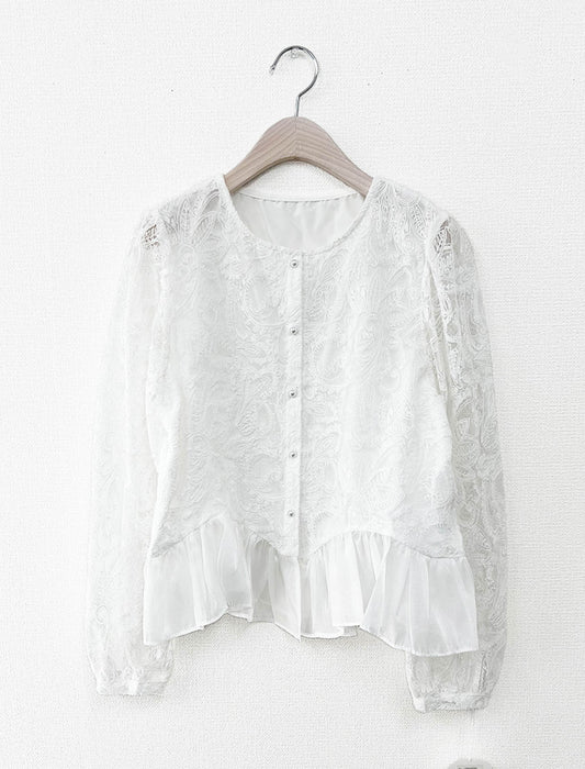 ペプラムフリル・総レースフロントボタンブラウス