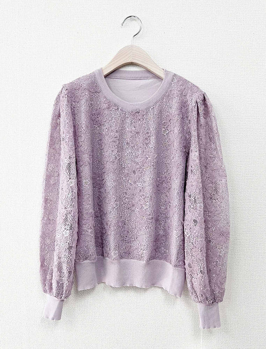 フラワー総レース・リブ切替フェミニンブラウス