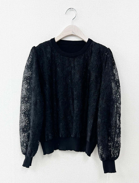 フラワー総レース・リブ切替フェミニンブラウス