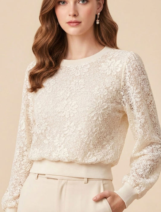 フラワー総レース・リブ切替フェミニンブラウス