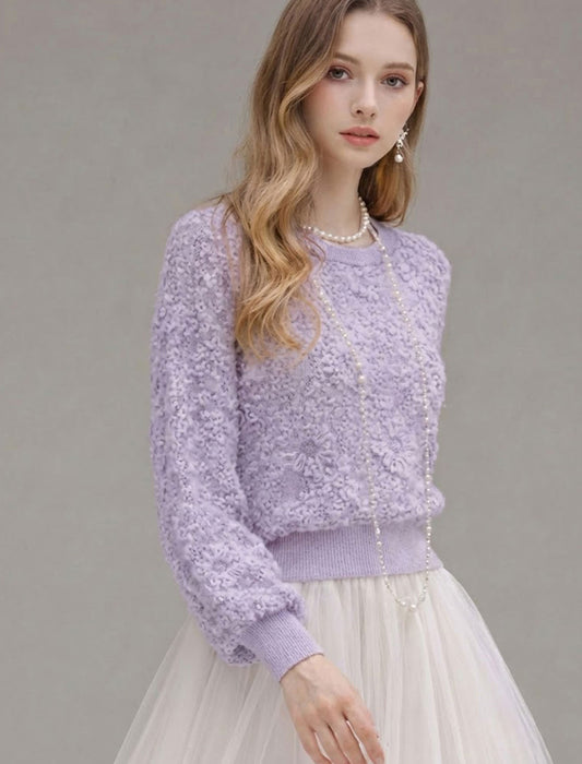 フラワー総レース・リブ切替フェミニンブラウス