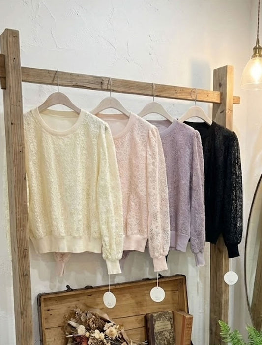 フラワー総レース・リブ切替フェミニンブラウス