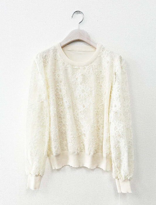 フラワー総レース・リブ切替フェミニンブラウス
