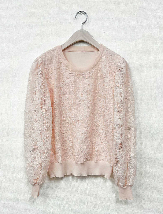 フラワー総レース・リブ切替フェミニンブラウス