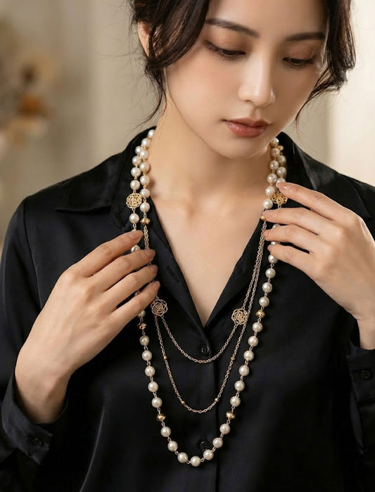 3連レイヤード・ロングパールネックレス