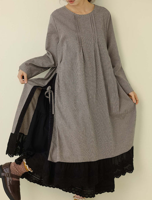 サイドリボン・切替レイヤード風ロングワンピース