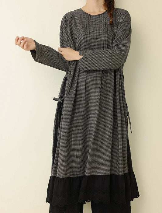 サイドリボン・切替レイヤード風ロングワンピース